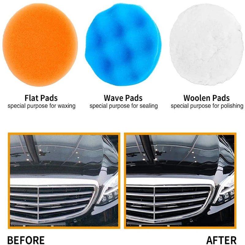 A set of orange flat pads, blue wave pads, and white woolen pads used for professional car polishing.