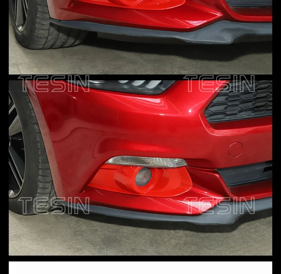 Primer plano del parachoques delantero rojo de un Ford Mustang con detalle de fibra de carbono para las luces antiniebla.