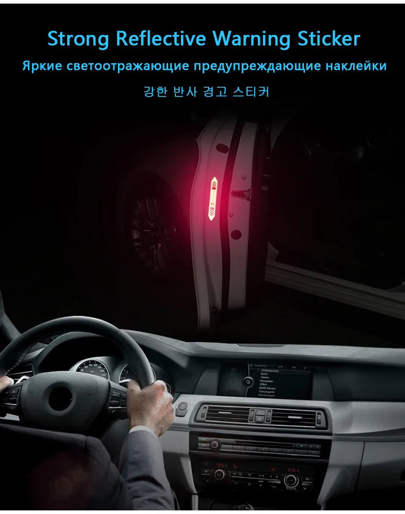 Gros plan de l'intérieur d'une voiture montrant un autocollant d'avertissement réfléchissant sur le panneau de la porte.
