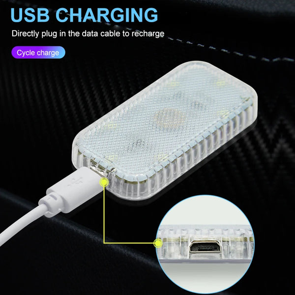 A clear plastic USB charging cable connects to a small LED light module for direct recharging.