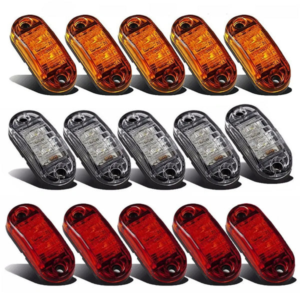 A collection of universal LED warning lights for trucks and trailers in various orange and red colors.
