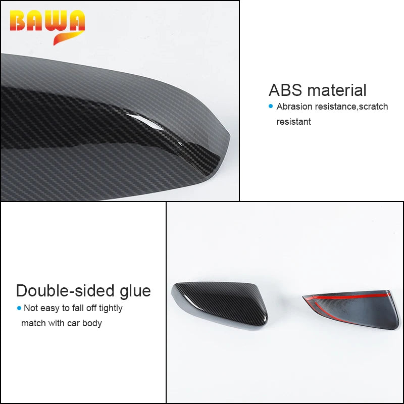 Black ABS material rearview mirror cover set for Ford Mustang, featuring double-sided glue attachment.
