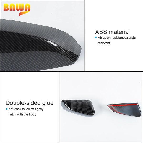 Black ABS material rearview mirror cover set for Ford Mustang, featuring double-sided glue attachment.