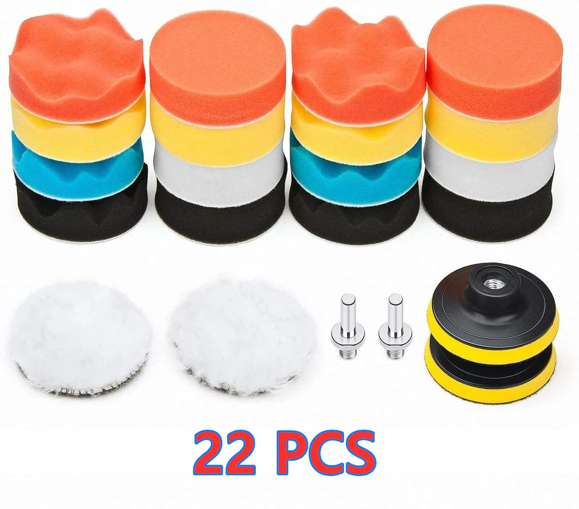 A set of 22 colored foam polishing sponges stacked and laid out, with a black and yellow polishing disc.