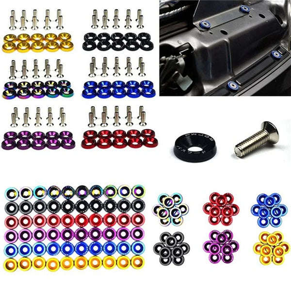 Anodized aluminum fender and bumper hardware kit featuring various colored bolts and mounting components
