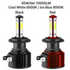 Set of three 50W 10000LM LED headlight bulbs in black, white, and red colors