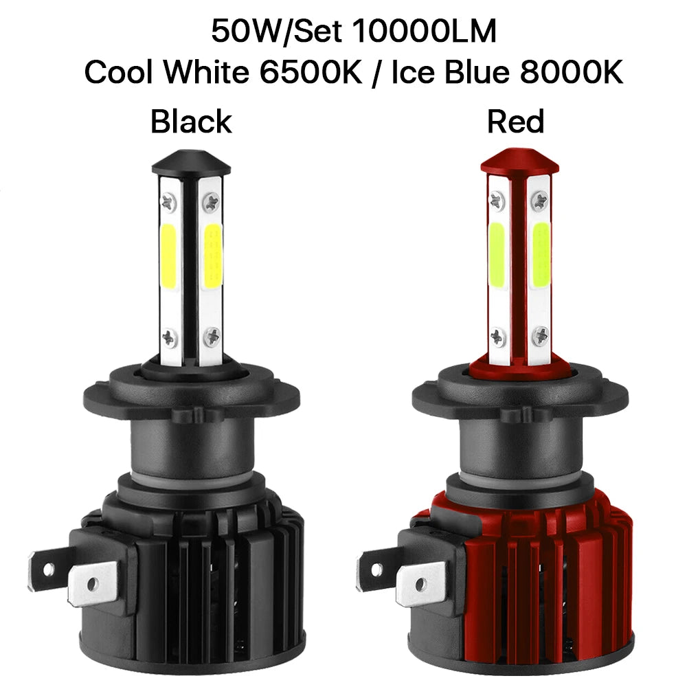 Set of three 50W 10000LM LED headlight bulbs in black, white, and red colors