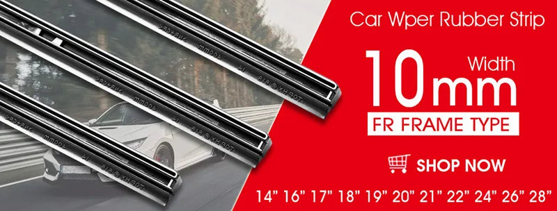 Close-up view of a black rubber wiper strip for FR frame type car windshields.