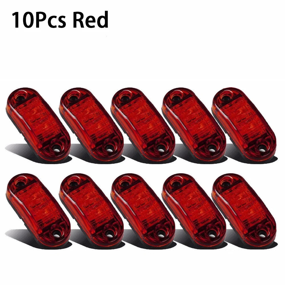 Ten red universal LED warning lights for trucks and trailers shown in a row.