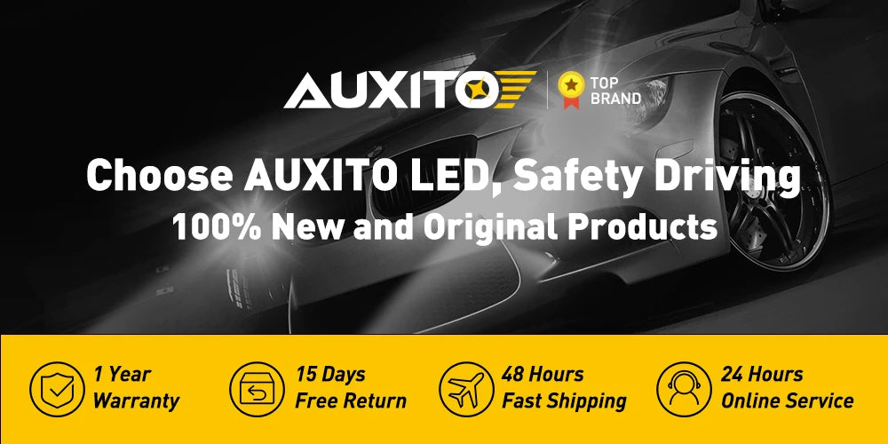 A dark car with bright LED lights, featuring text promoting AUXITO LED and safety driving products.