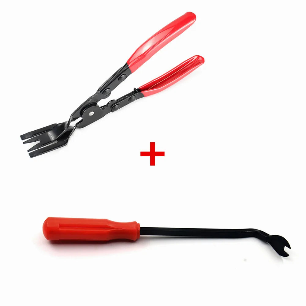 A pair of red and black car trim clip removal pliers with a red handle and black jaws.