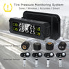 A portable solar tire pressure monitoring system with external and internal sensors mounted on a vehicle.