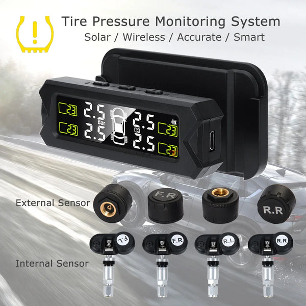 A portable solar tire pressure monitoring system with external and internal sensors mounted on a vehicle.