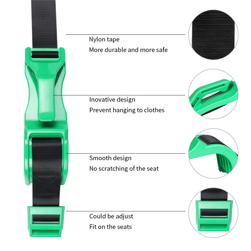 A green and black adjustable car seat belt featuring nylon tape for durability and a smooth design to prevent scratching the 