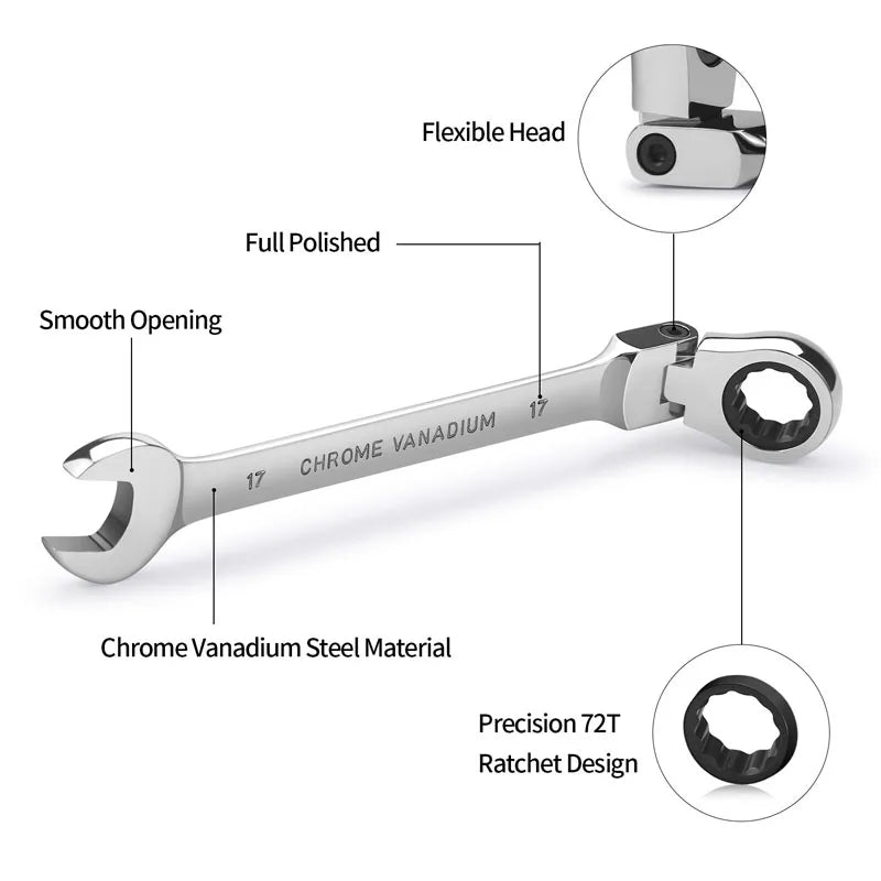 A chrome vanadium steel flexible head ratchet wrench with a smooth opening and precision 72T box end design.