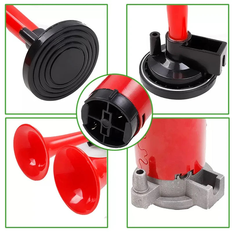Kit of red and black air horns and compressor components for vehicles