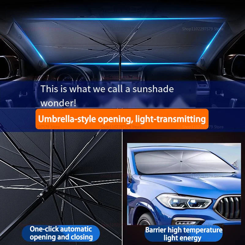 Portabler Sonnenschutz in Form eines Regenschirms mit Maschenstruktur, gezeigt in der Fahrzeugkabine.