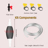 Kit components including a flow valve, stainless steel clamp, and a 100cm tube for a portable fuel and water transfer pump.