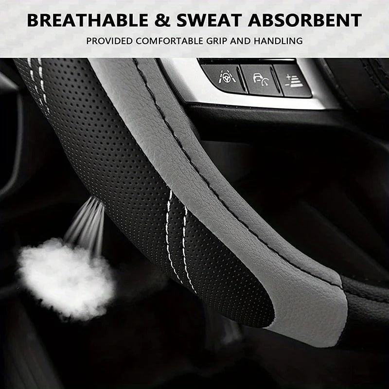 Close-up of a breathable and sweat absorbent car steering wheel cover with grip and handling features.