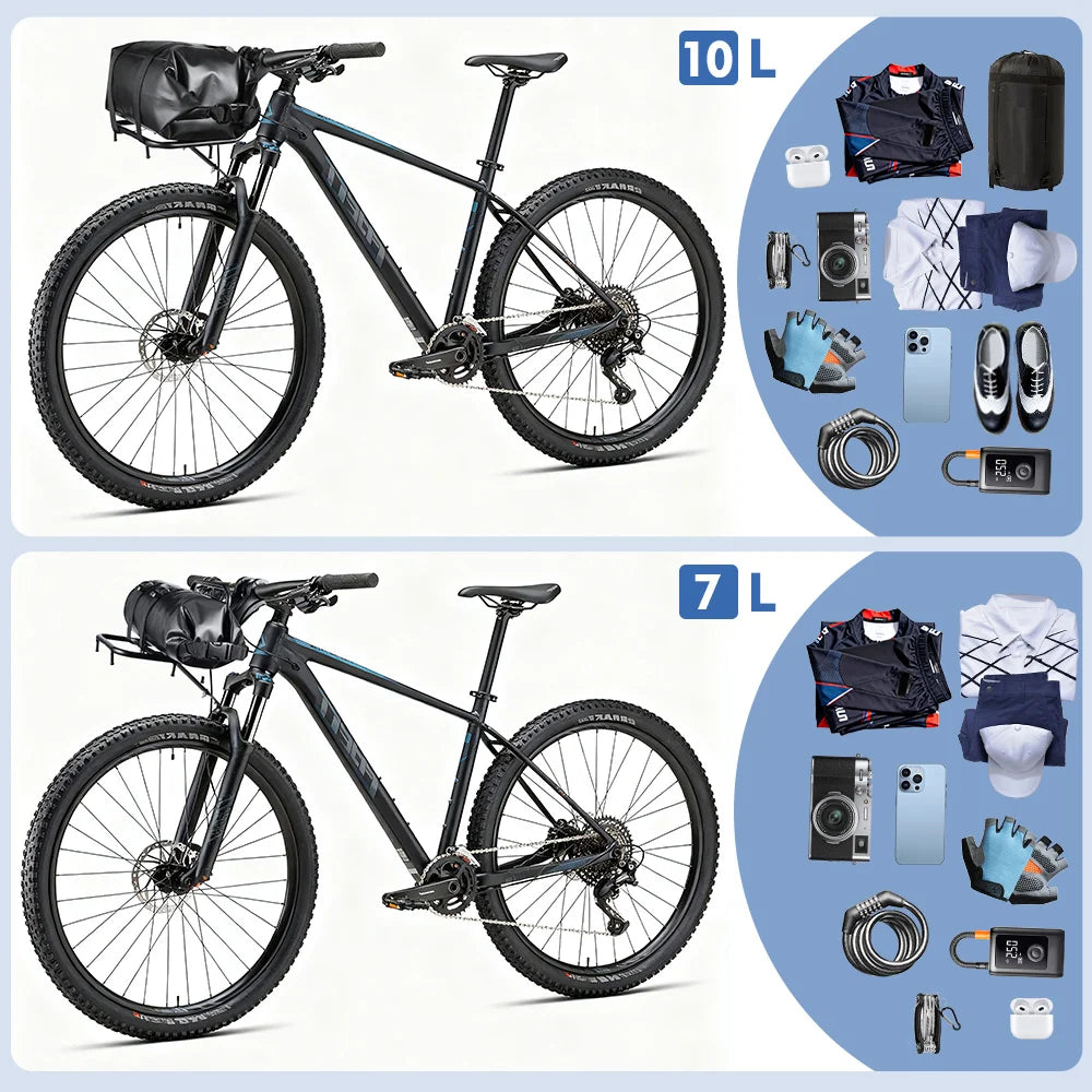 A bicycle with a durable iron front rack is shown alongside various accessories and capacity options.
