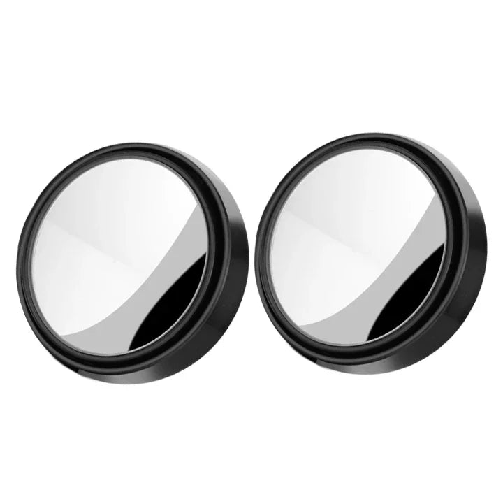 A round, convex rearview mirror with a black bezel and reflective glass surface.
