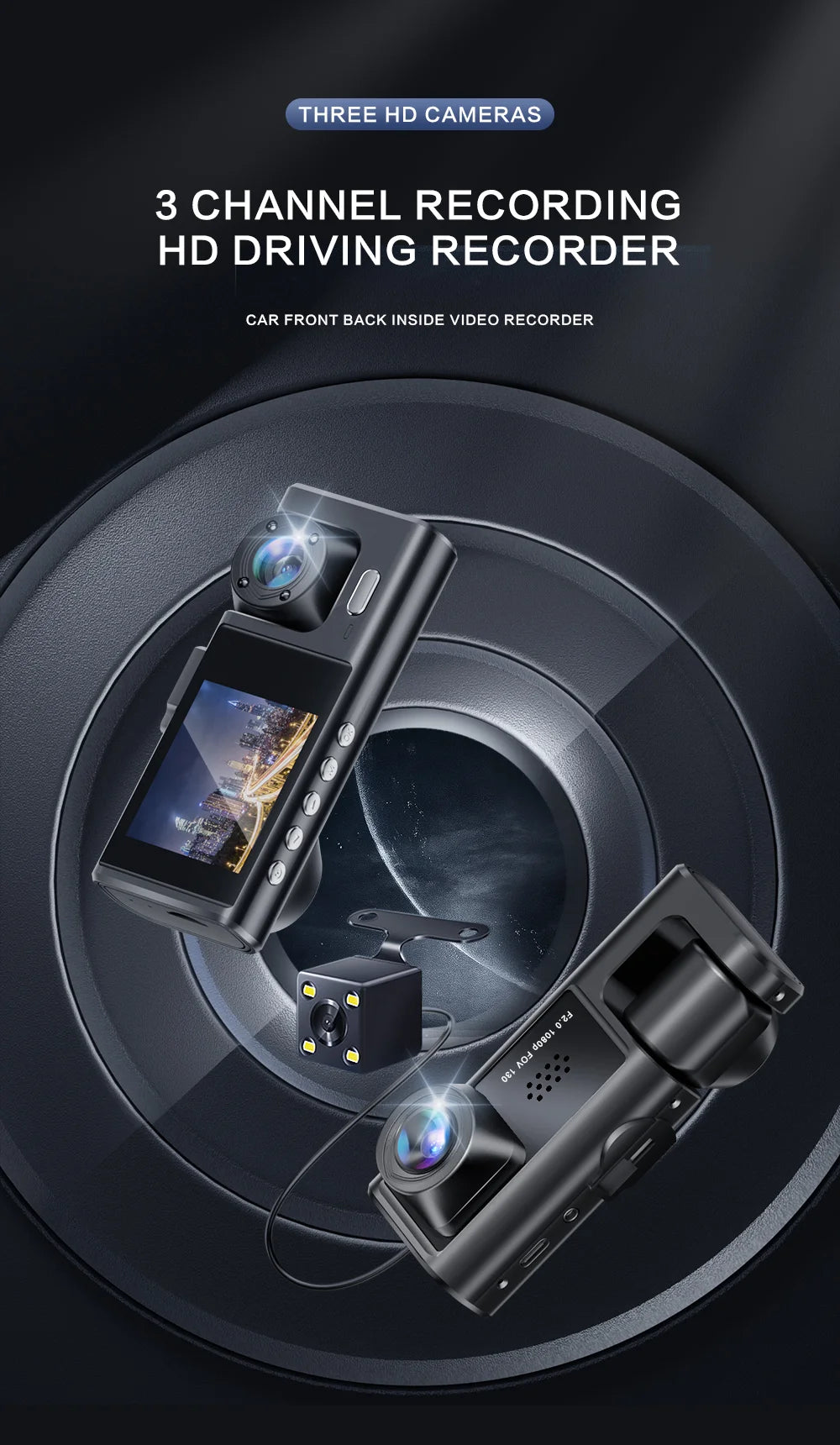 A black HD driving recorder with three cameras is shown inside a car, featuring a front and back view.