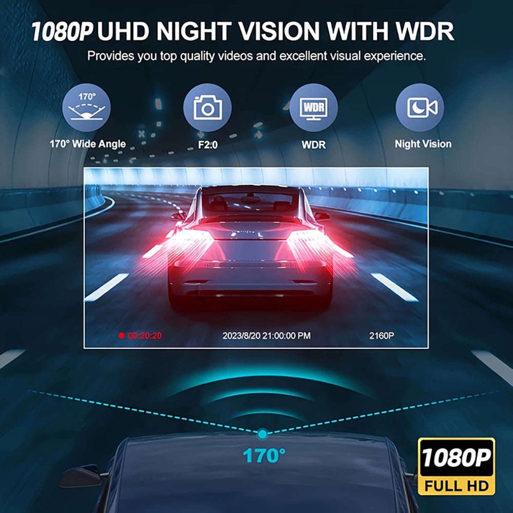 Caméra de conduite UHD 1080p avec vision nocturne et angle large d'une voiture la nuit.