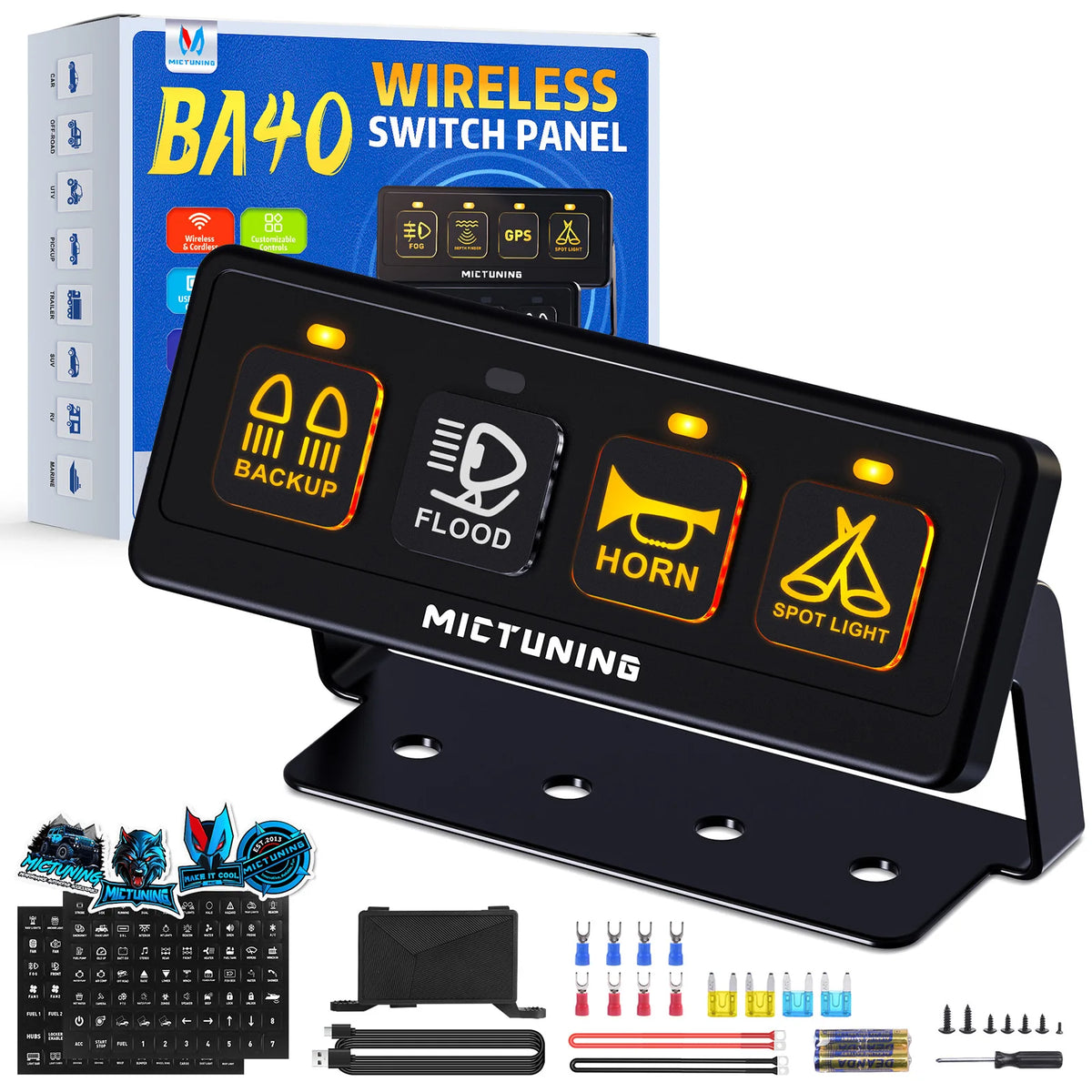 A black wireless switch panel for vehicle lighting is shown next to its packaging and related accessories.
