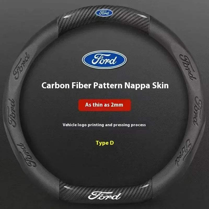 Black carbon fiber patterned nappa skin steering wheel cover for Ford vehicles