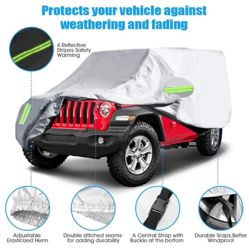 A heavy-duty waterproof car cover for a Jeep Wrangler or SUV, featuring reflective stripes and durable straps.