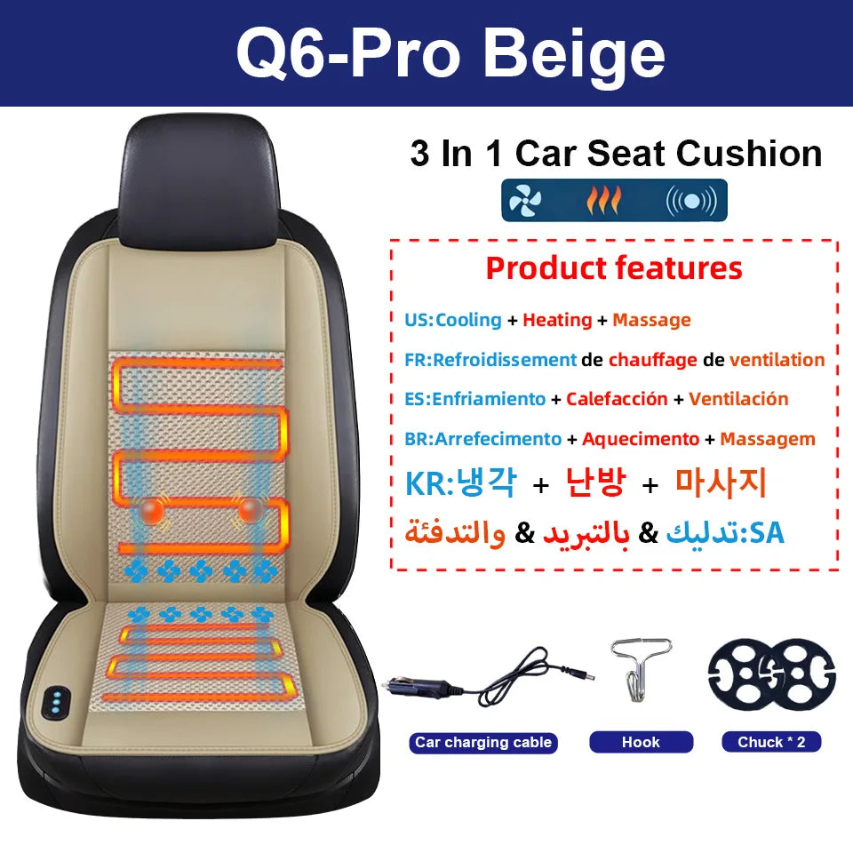 Q6-Pro Beige 3 in 1 car seat cushion with heating cooling and massage features