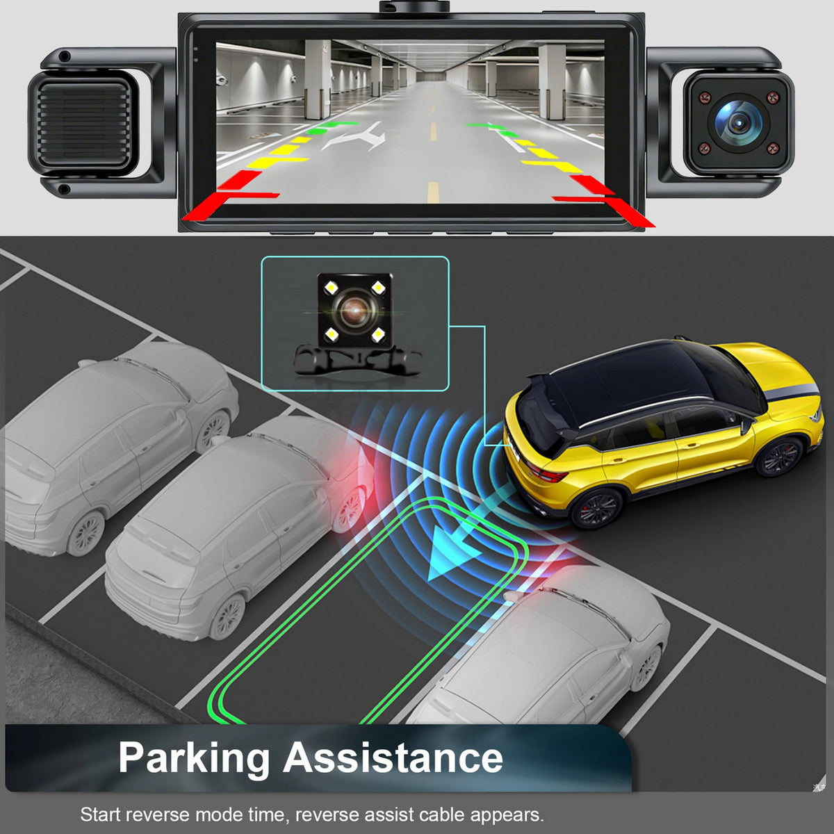 A 4-in-1 dash camera system is shown with a view of the road and demonstration of parking assistance features on cars.