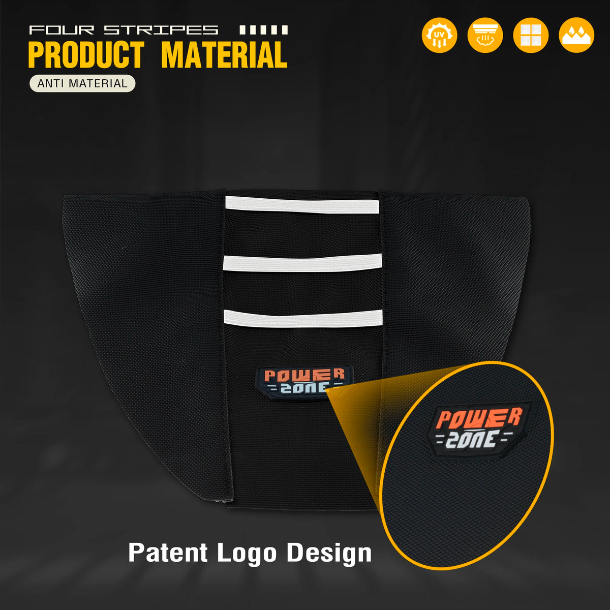 Black anti-material four stripes product material with a yellow patent logo design