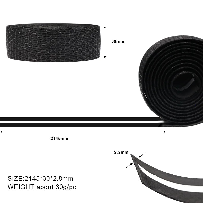 Roll of black breathable silica gel handlebar tape with a 30mm thickness and a length of 2145mm
