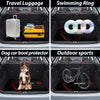 Various items stored in the trunk of a car, including travel luggage, a swimming ring, a dog, and outdoor sports equipment.