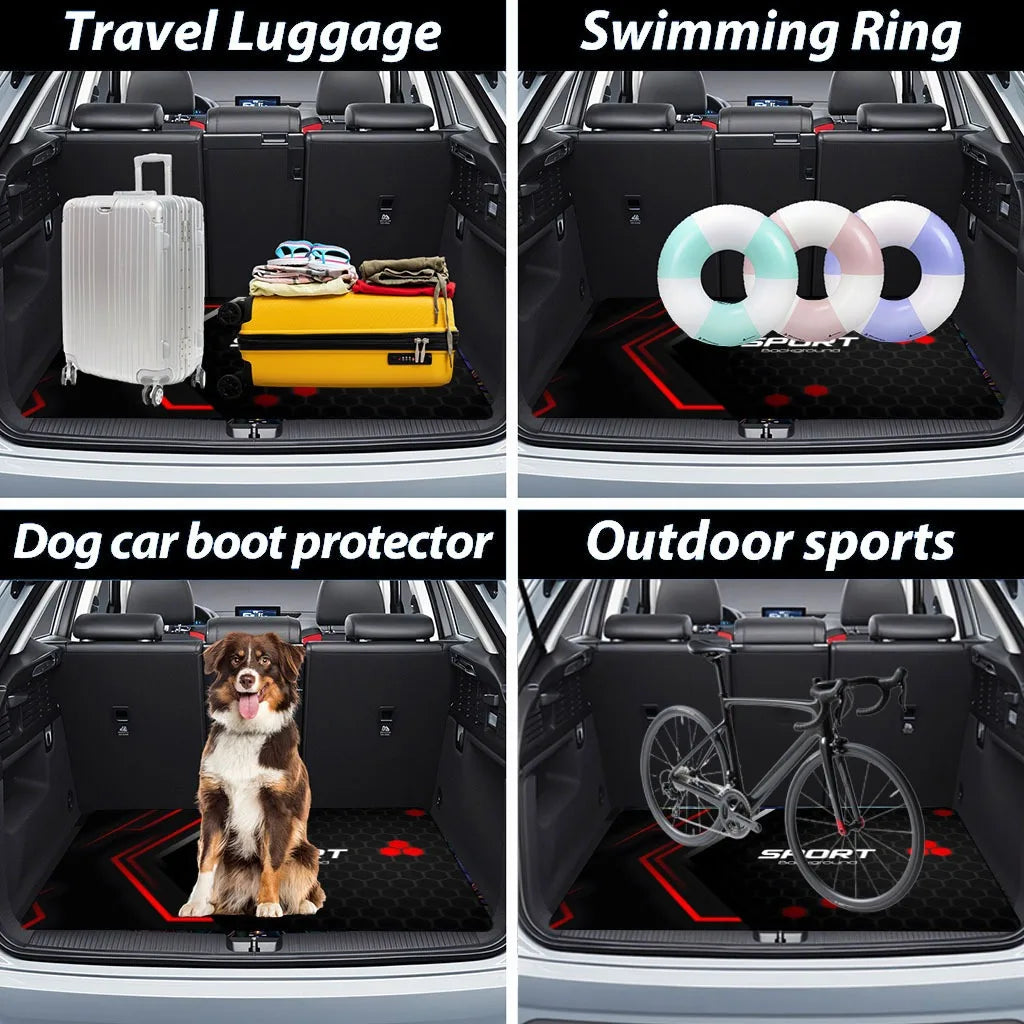 Various items stored in the trunk of a car, including travel luggage, a swimming ring, a dog, and outdoor sports equipment.