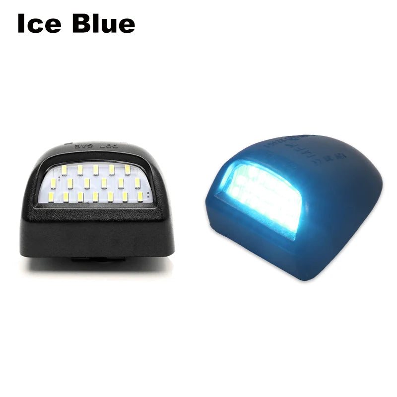 A close-up view of an Ice Blue high-intensity LED license plate light module.