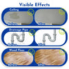 Before and after images showing the visible effects of invisible waterproof sealant repair glue on a ceiling, drainage pipe, 