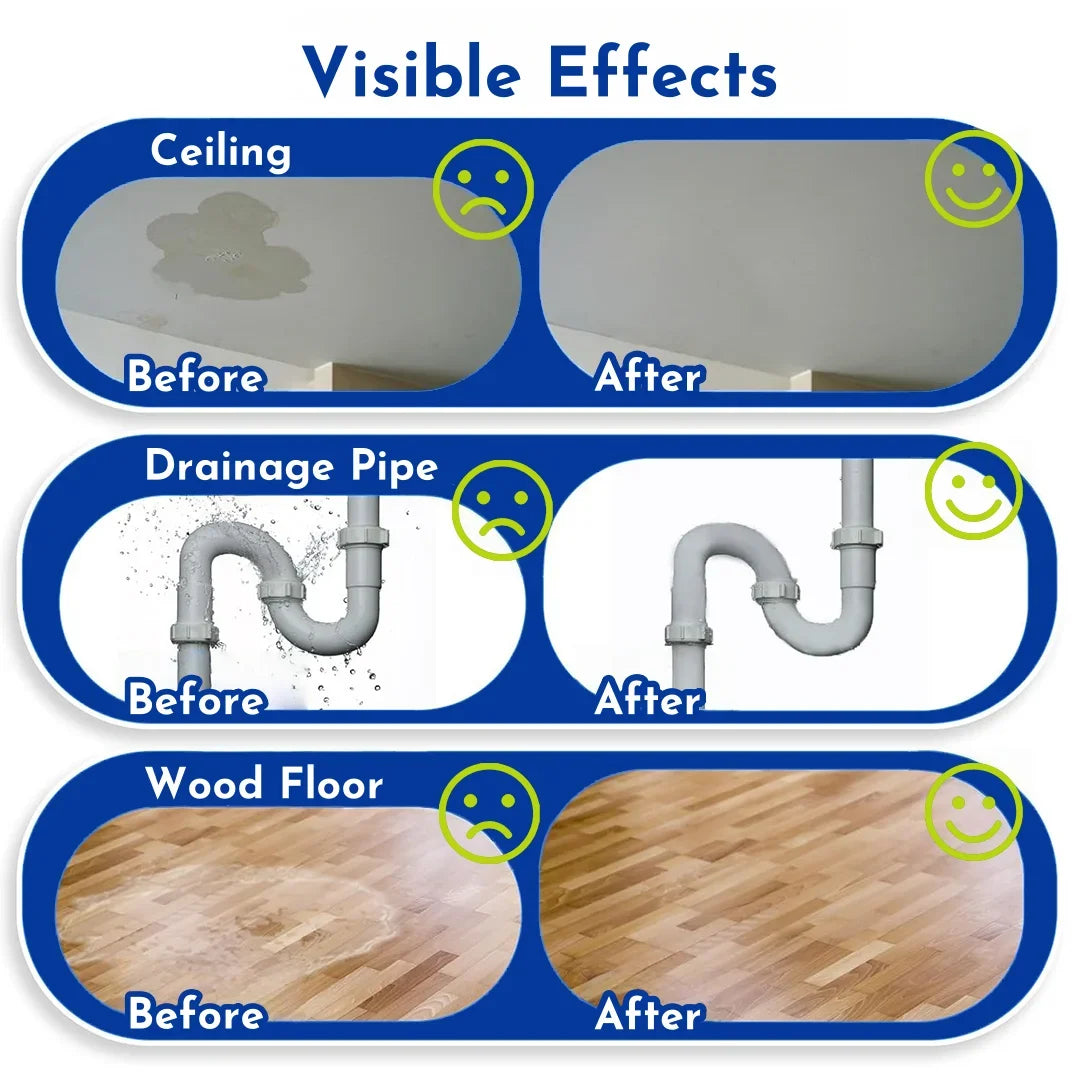 Before and after images showing the visible effects of invisible waterproof sealant repair glue on a ceiling, drainage pipe, 