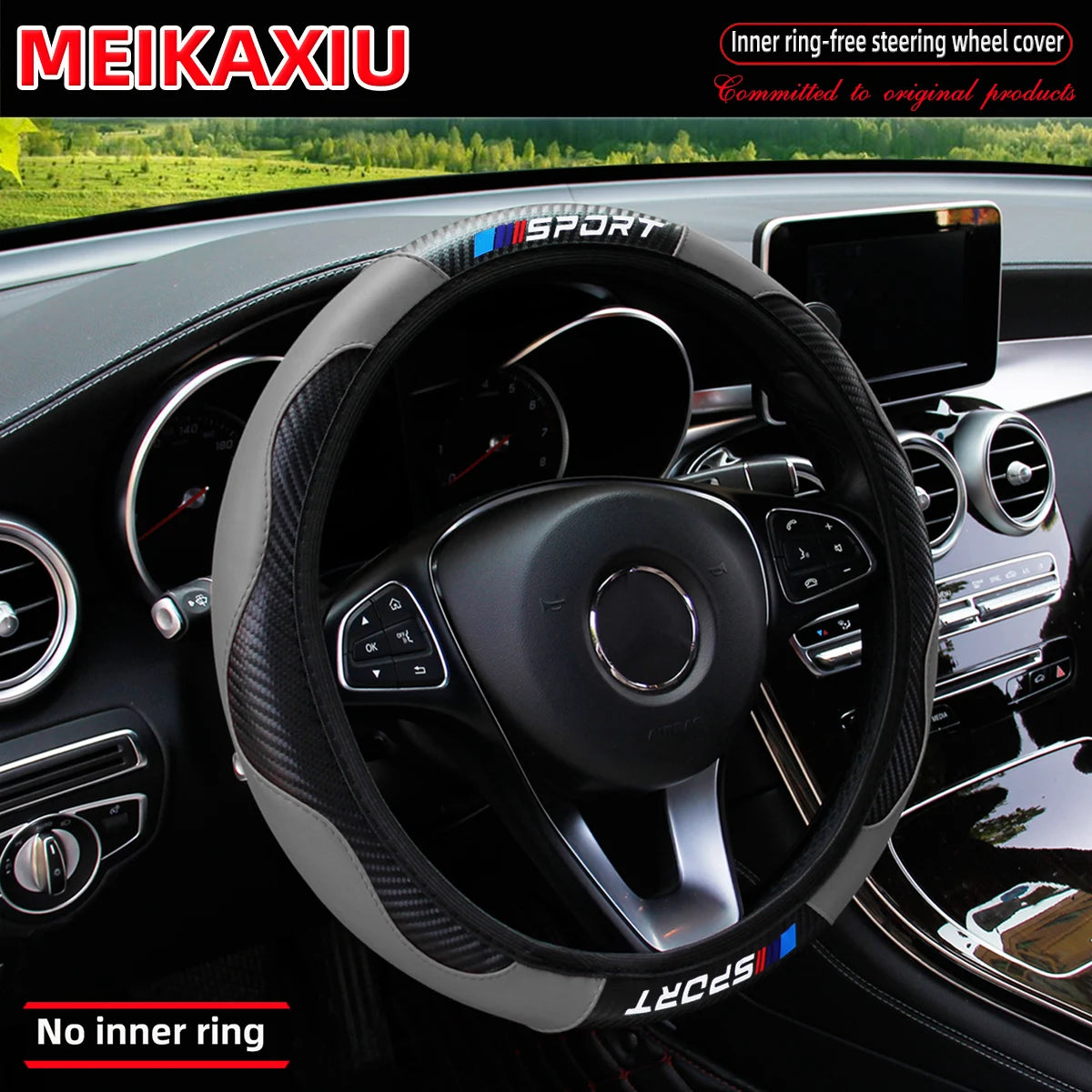 Black steering wheel cover with carbon fiber accents installed in a car interior.