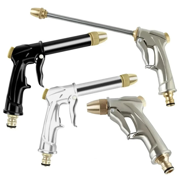 A set of high-pressure adjustable water guns for cleaning and watering, featuring black and silver handles.