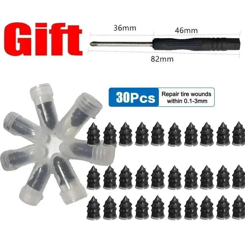 A set of tire puncture repair needles and tools for repairing tire wounds.