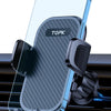 A clear phone case is mounted on a black rotating car phone mount for dashboard use.