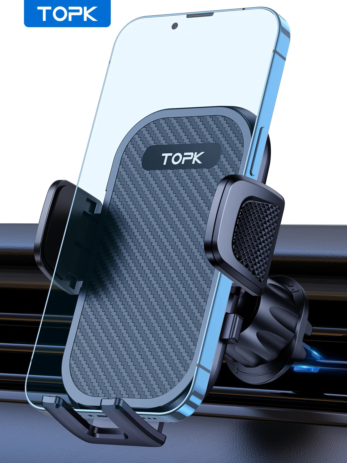 A clear phone case is mounted on a black rotating car phone mount for dashboard use.