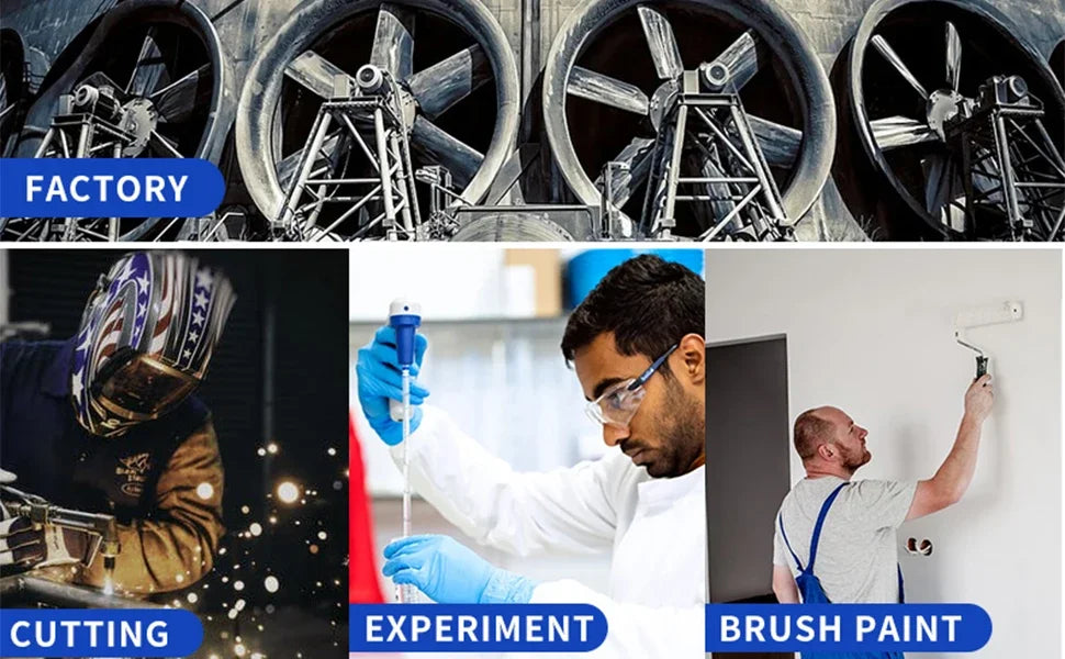 Fabrikumgebung mit großen Industufeen, eine Person schneidet Material und ein Experiment im Gange.