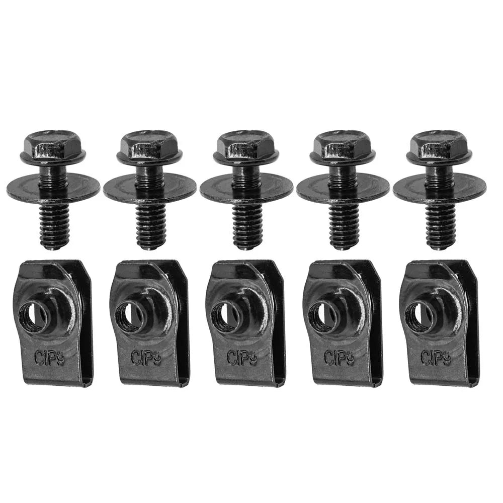 Un ensemble de fixations et de clips pour carrosserie de voiture avec des extrémités filetées.