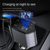 A close-up of a silver Type-C car charger displaying 12.4V voltage and current settings.