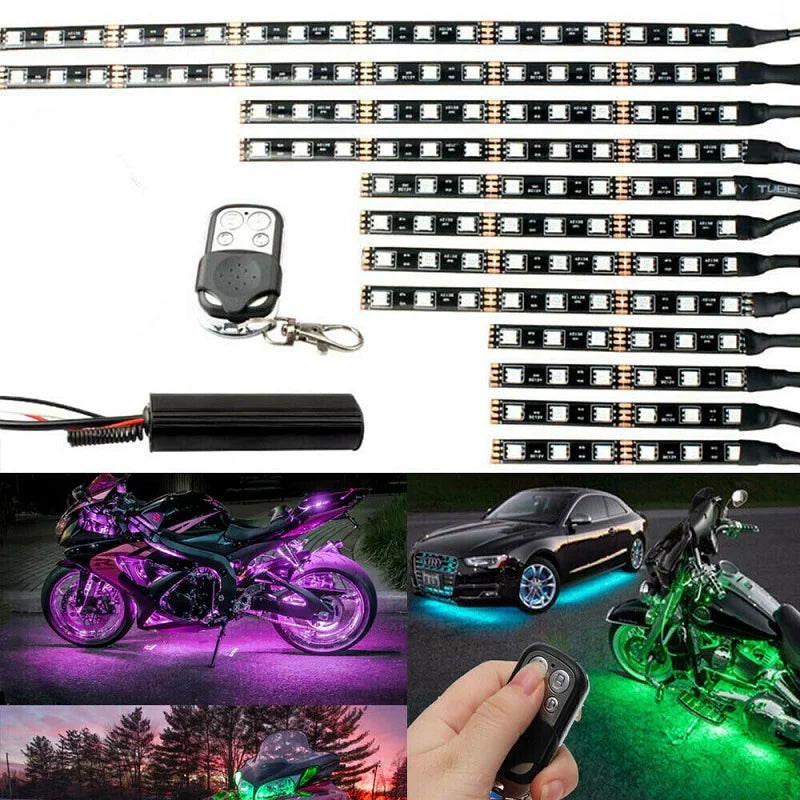 Various rows of motorcycle RGB LED underglow strips and a remote control device