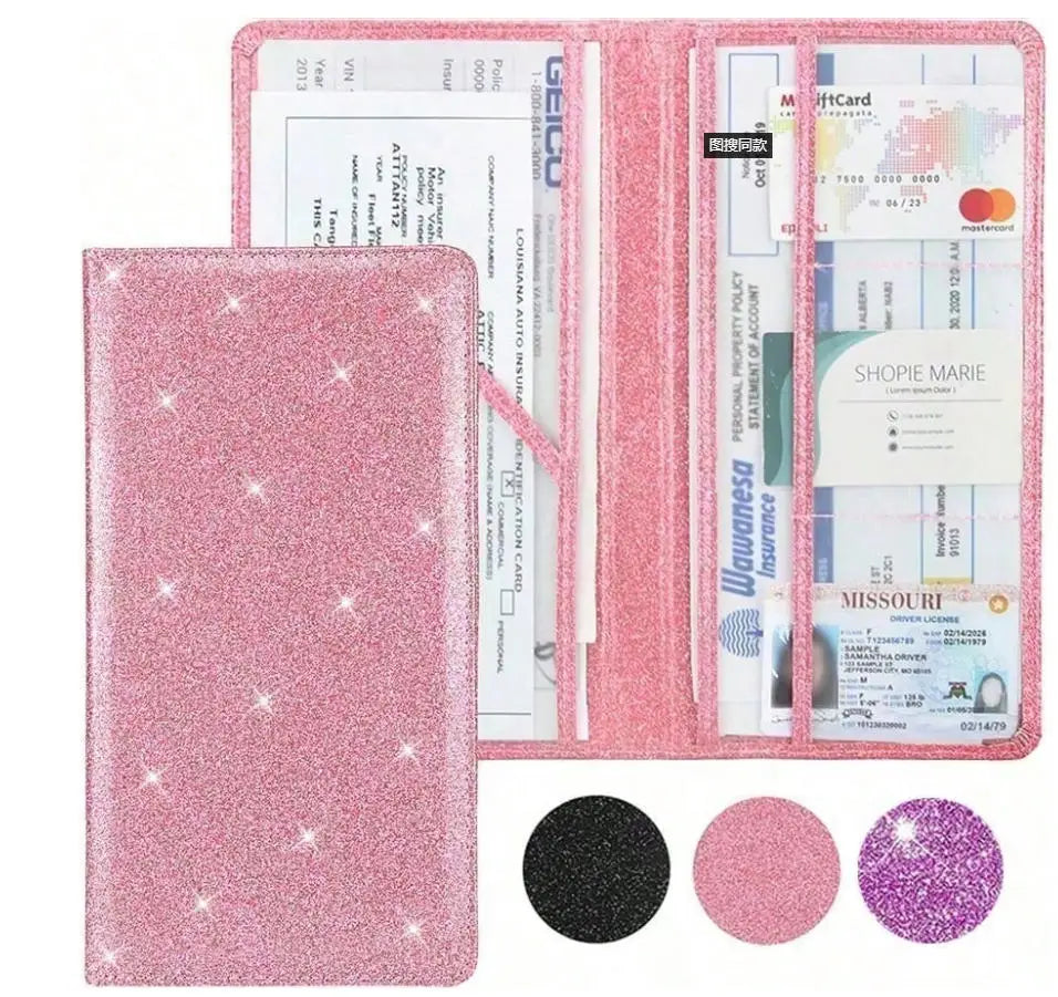 A pink glitter document holder featuring a clear plastic sleeve and various documents.