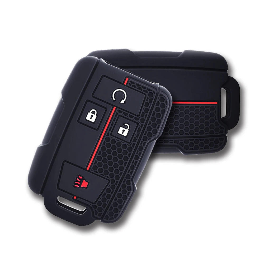 A black silicone car key cover for Chevrolet or GMC keys, shown in a close-up view.